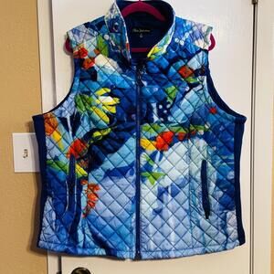 Claire Desjardins Quilted Vest 2X Blue Multi Color Floral Print